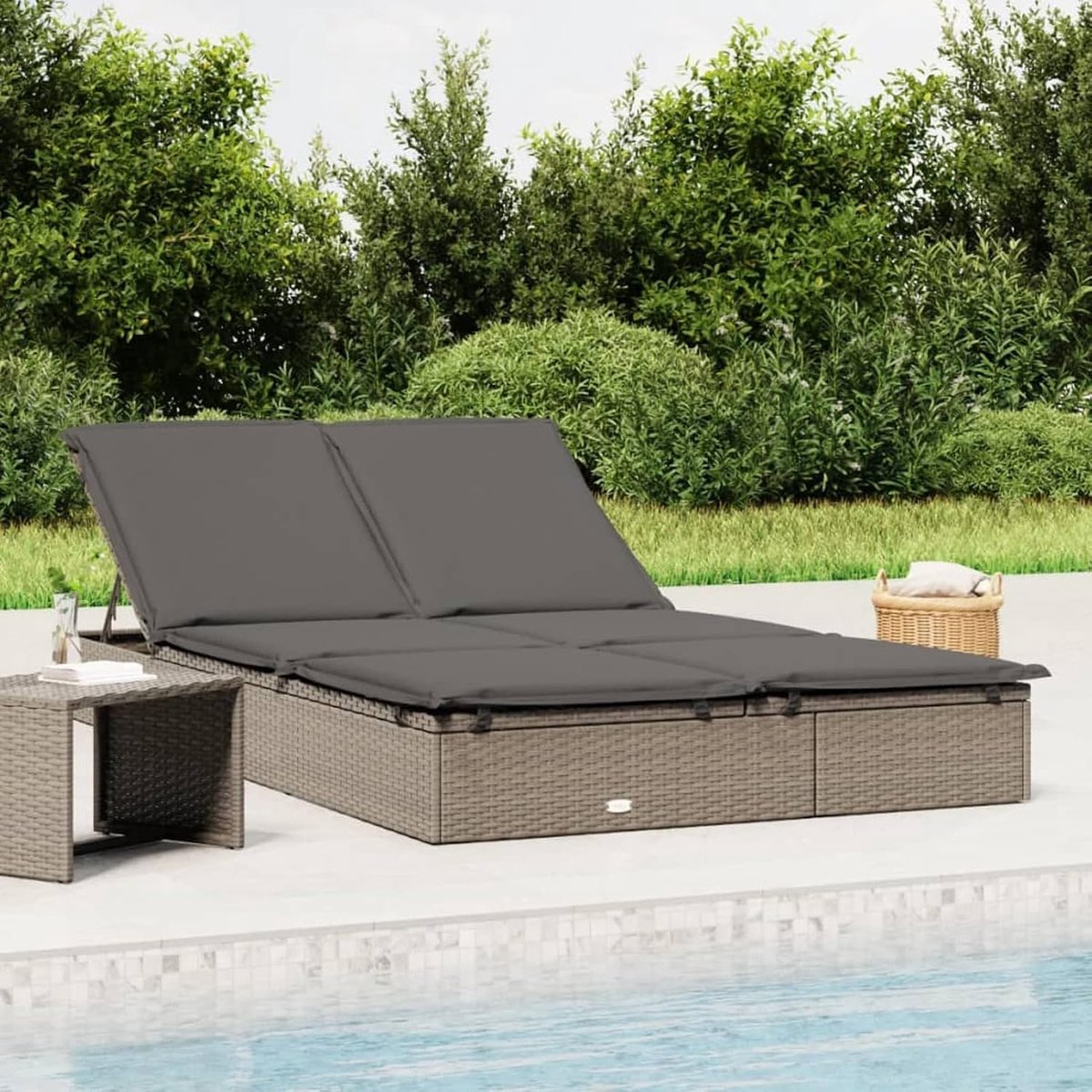 Ligstoelen voor 2 personen, dubbele ligstoel, tuinstoel, zonnebed, relaxstoel, strandstoel, balkonligstoel, verstelbare rugleuning, vrijetijdsligstoel met kussen, grijs, polyrotan