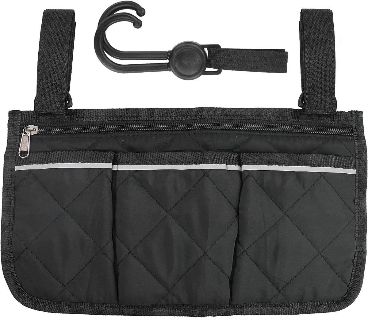 rolstoel, armleuningen, zijtas, organizer tas met reflecterende strepen, waterdichte opbergtas voor rolstoel, mobility scooter, wandelaar, rollator draagaccessoires.
