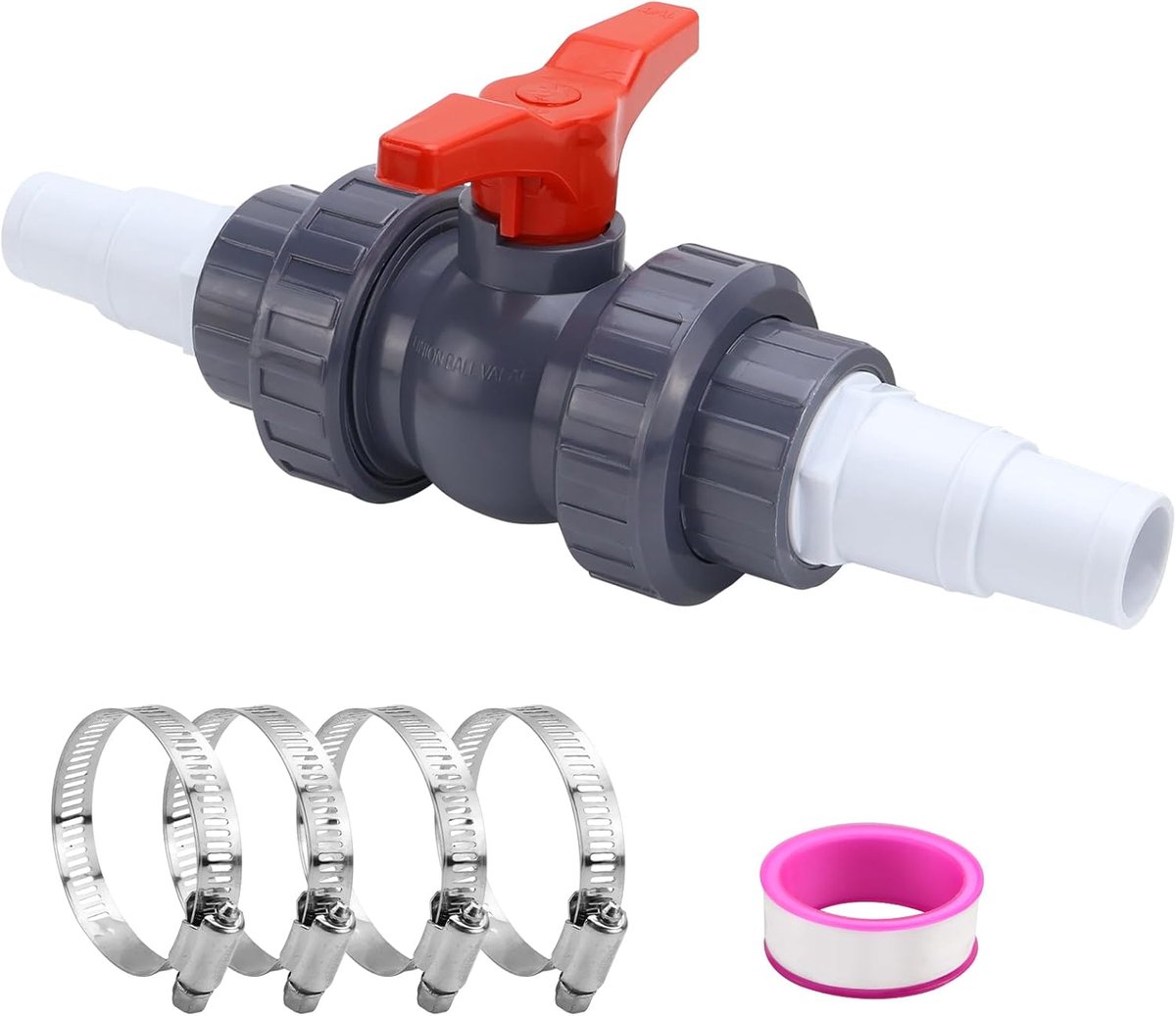 kogelkraan 50 mm Pool afsluitventiel, PVC kogelventiel met slangkoppeling, afsluitkraan voor zwembad 1 1/2 inch met 2 slangstukken 32-38 mm voor buisontluchting, zwembad, PVC-buis