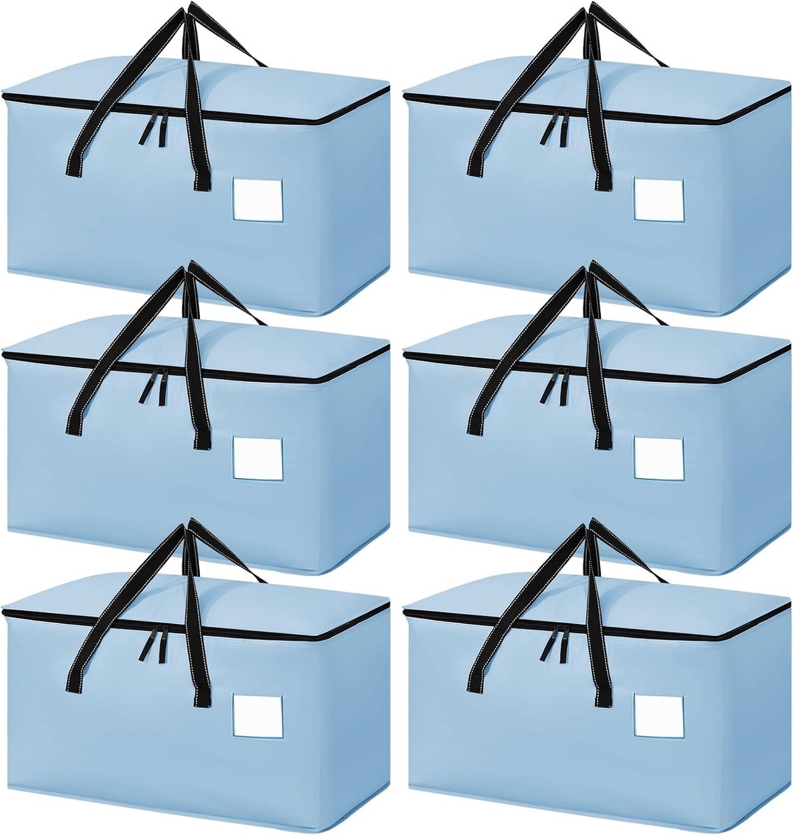 6 stuks opbergzakken met deksel, 93 liter, opvouwbaar, lichtblauw | Stabiele handgrepen, ritssluiting, etikettenvak, PP-weefsel, voor verhuizing, kledingopslag, beddengoed, opslag