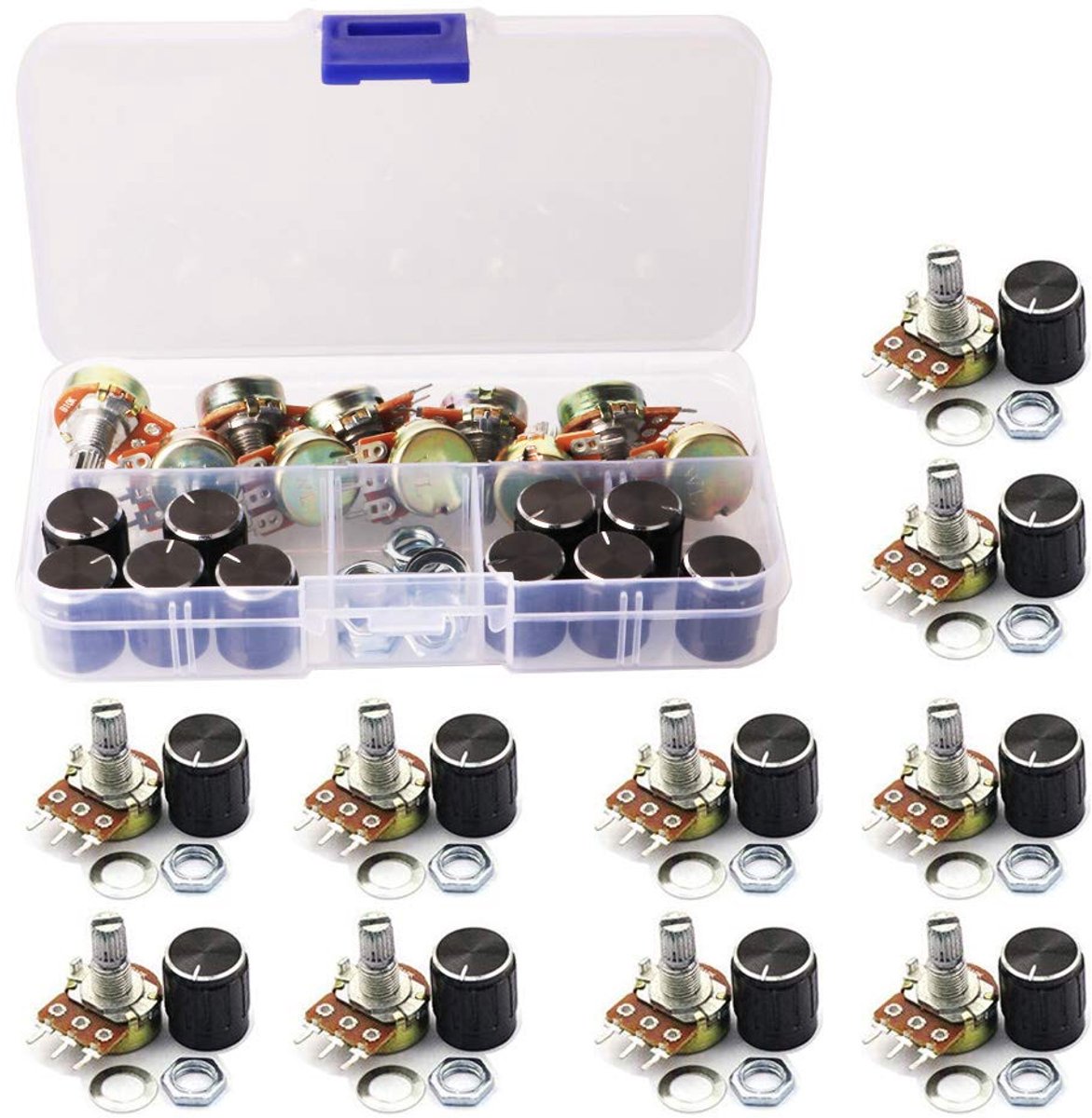 10 stks B10K Ohm Gekartelde As Lineaire Roterende Potentiometer met Zwarte Knop (WH148) Kit, Knop Lineaire 3 Terminal Roterende Potentiometer