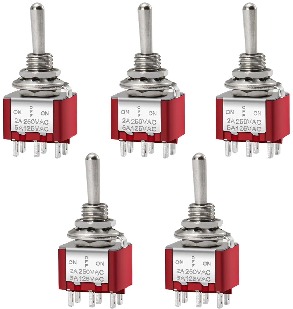 Schakelaar Mts-223 (ON)-OFF-(ON) DPDT 6-polig, 2A 250V, 6A 125V, 5 stuks