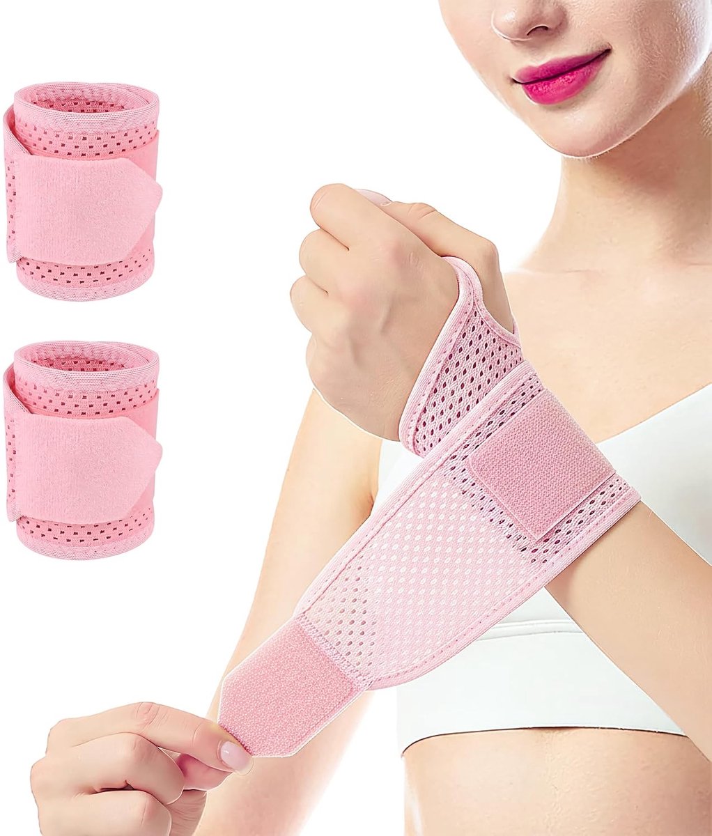 Handbandage, 2 stuks, roze bandage pols met opbergtas, ademende polsbandage met duimlus, geschikt voor peesschedeontsteking, sport en werk