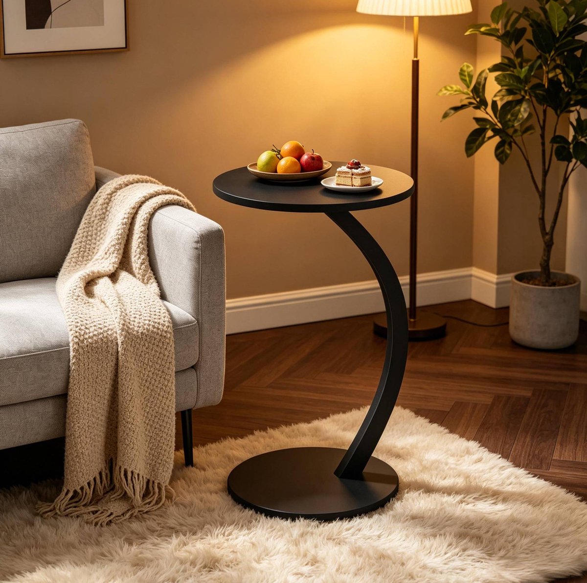 FloraGrace Bijzettafel - C-Vorm Ronde Salontafel Voor Sofa En Bed - Modern Industrieel Design - Metaal En MDF - Zwart - 40 X 65 Cm