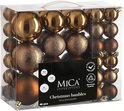 Een doos met 46 bruine Mica Decorations kerstballen, verschillende maten en afwerkingen.