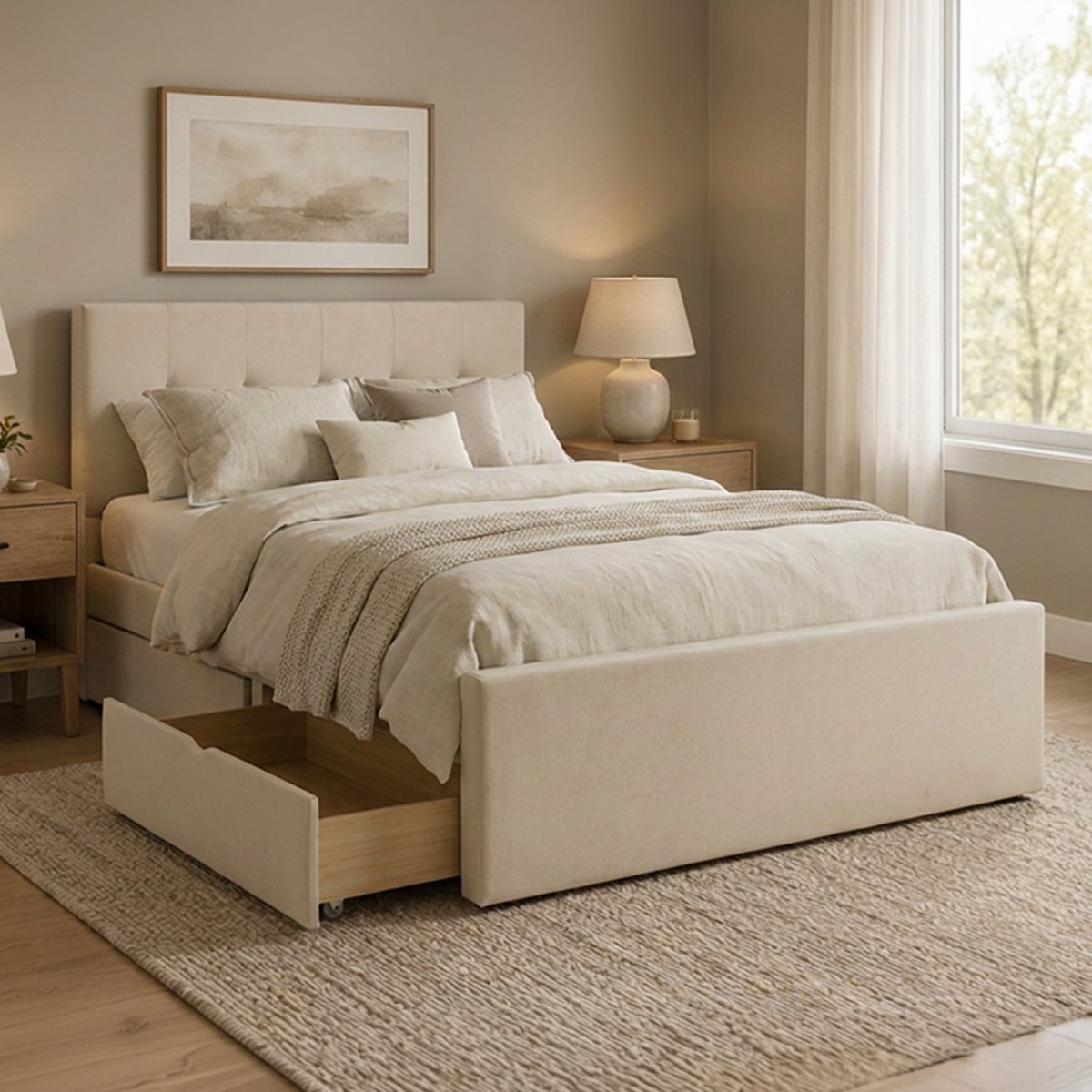 Homestyle4u Tweepersoonsbed - 140x200 cm - Gestoffeerd bed - met 2 bedbakken - Beige