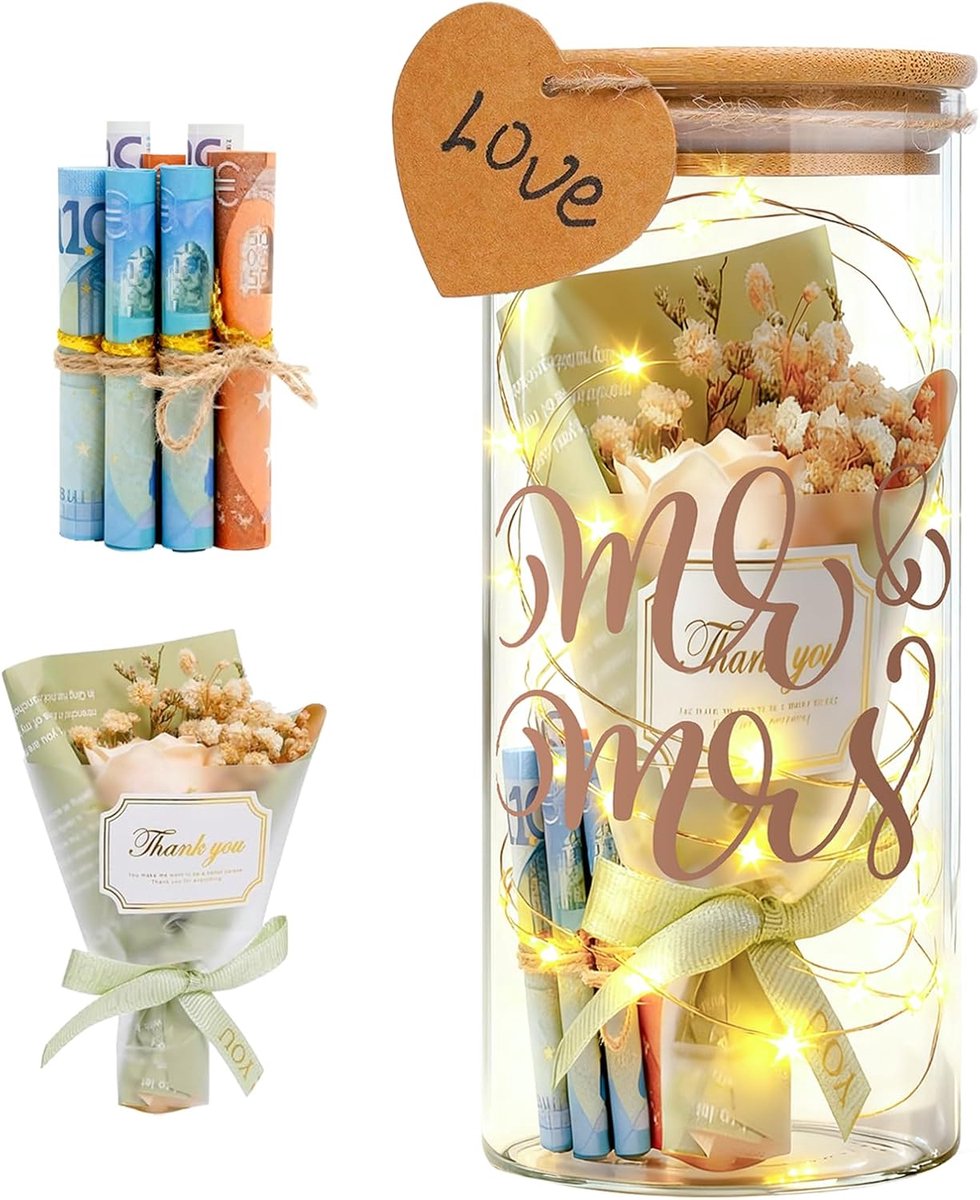 Bruiloftsgeschenken voor bruidspaar, led-flessenlicht, bruiloft, geldgeschenken, bruiloft, lichtfles met droogbloemen, ledlampen en hangers, gepersonaliseerde Just Married spaarpot