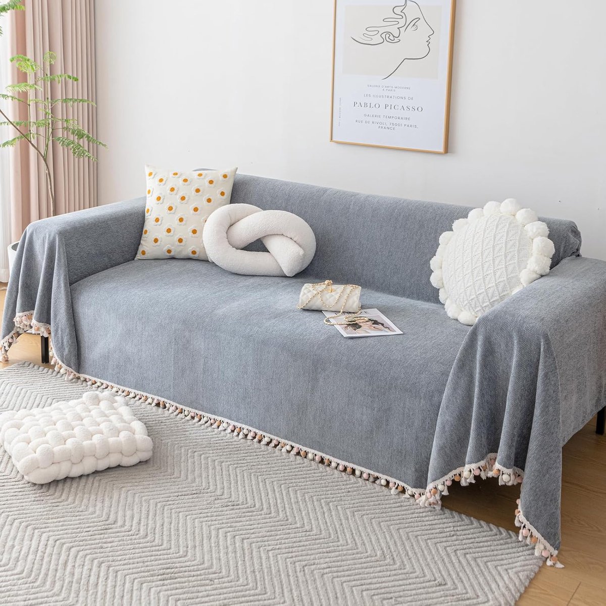 pure kleur, deken voor bank, bankovertrek, zachte deken met decoratieve kwastjes, ademend en licht, voor bank, bed en reizen, 230 x 300 cm, donkergrijs