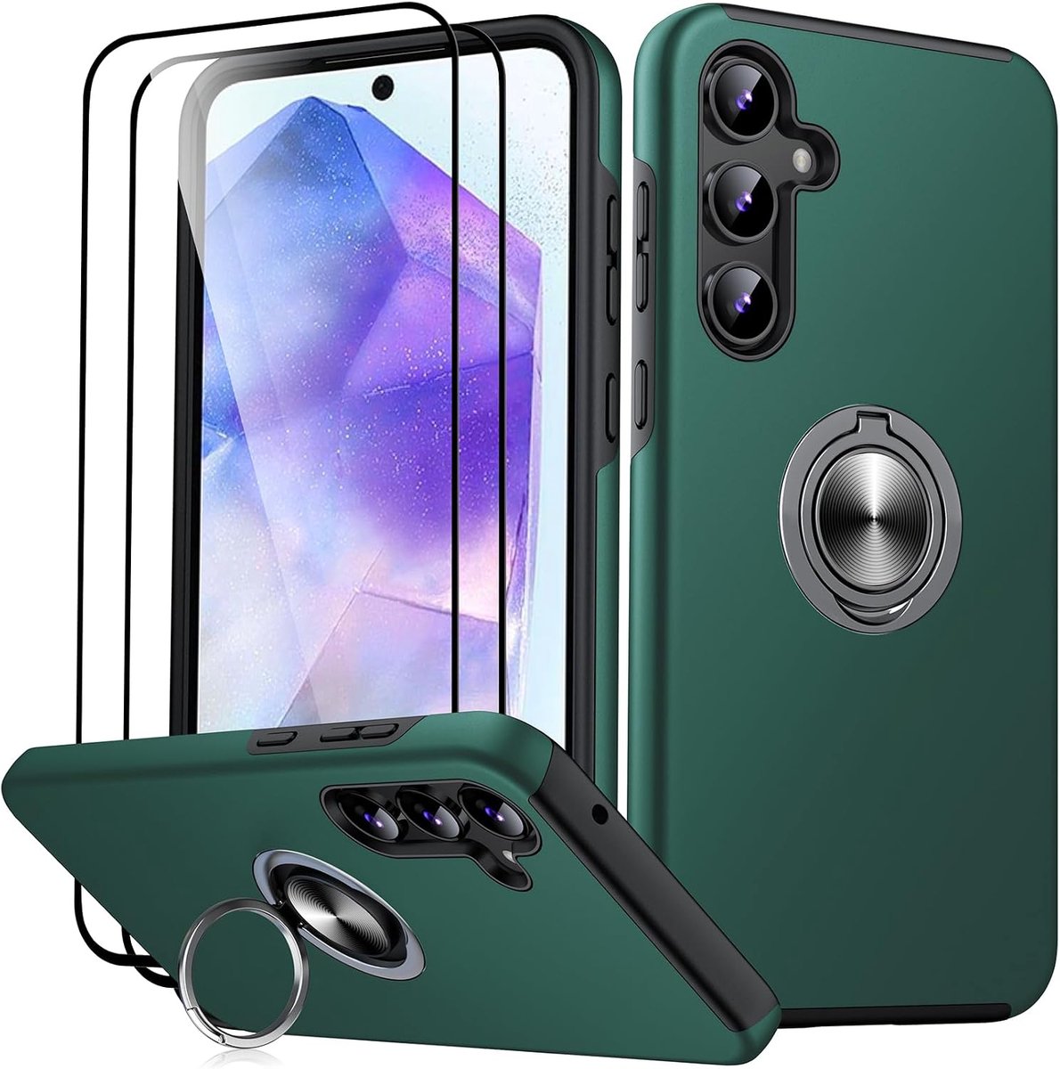 Hoes voor Samsung Galaxy A55 5G, met 2 stuks pantserglas, militaire bescherming, stootvaste bescherming, hoes met 360° magnetische ring, kickstand, donkergroen