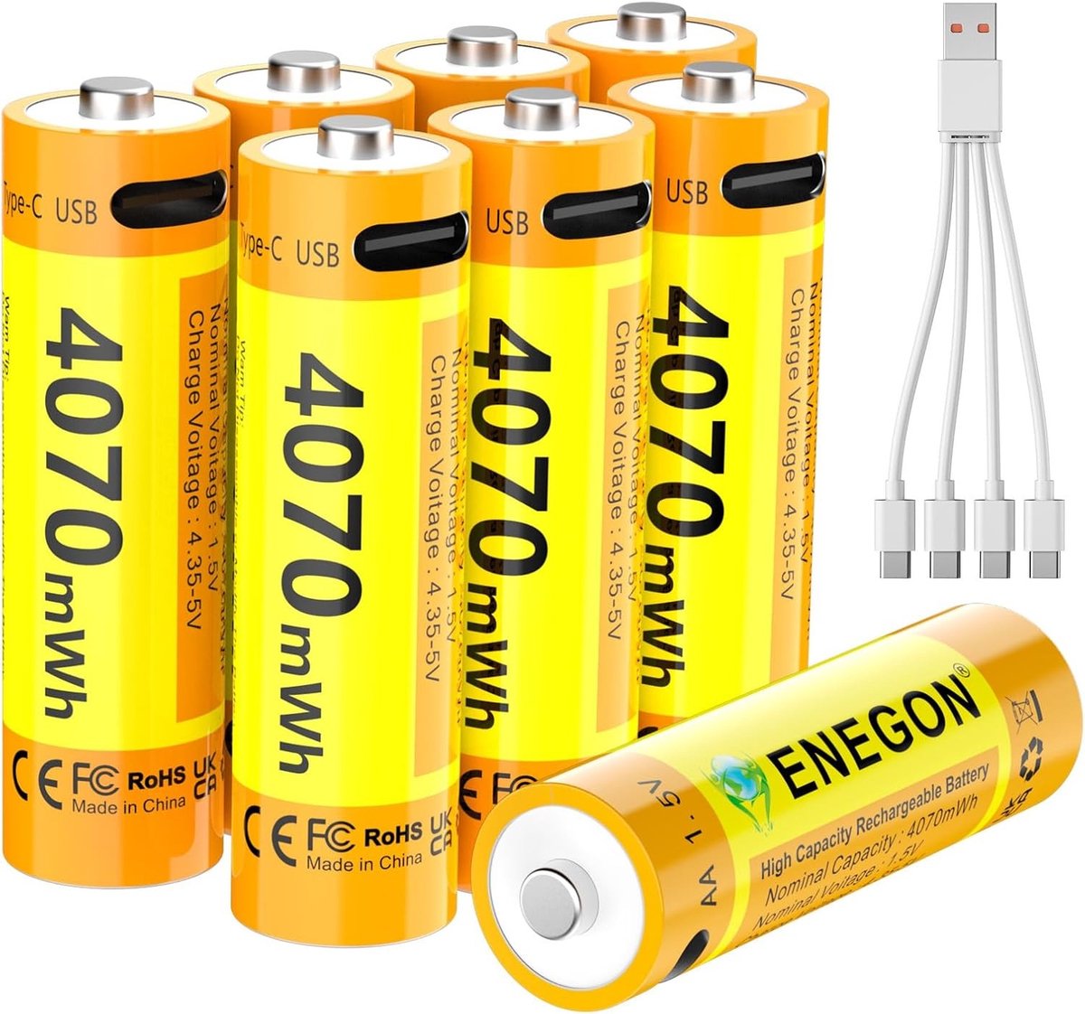Set van 8 oplaadbare AA lithiumbatterijen 4070mWh 1.5V met 1-op-4 oplaadkabels voor gamecontrollers, slimme deursloten en toetsenborden