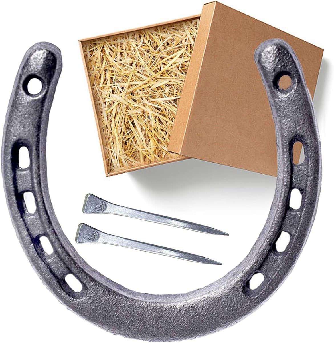 gelukshoefijzer voor bruiloft of housewarming, cadeauset met 2 nagels, geluksbrenger, hoefijzer, decoratieset, cadeau voor verhuizing, hartschild, hoefijzer, cadeau met geschenkdoos