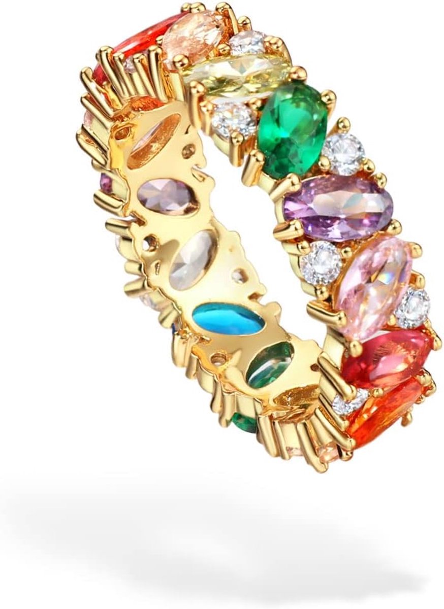 Eternity Rainbow Ring Band Ring voor Dames Meisjes 18K Vergulde Ovale Veelkleurige Zirconia Eternity Ring