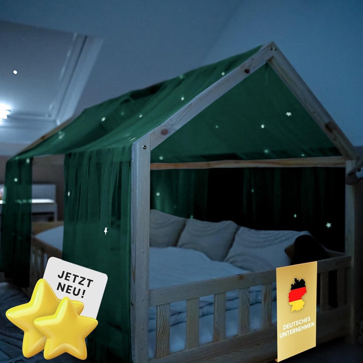 lilimaus Bedluifel met lichtgevende sterren, beddecoratie, cadeau voor meisjes en jongens, gordijnen voor kinderbed, 90 x 200 cm en 120 x 200 cm, sterren oplichtende sterrendecoratie