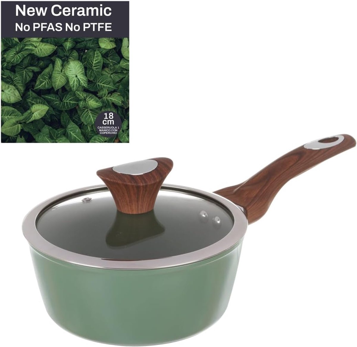 Steelpan met één handvat 18 cm met deksel groen New Ceramic