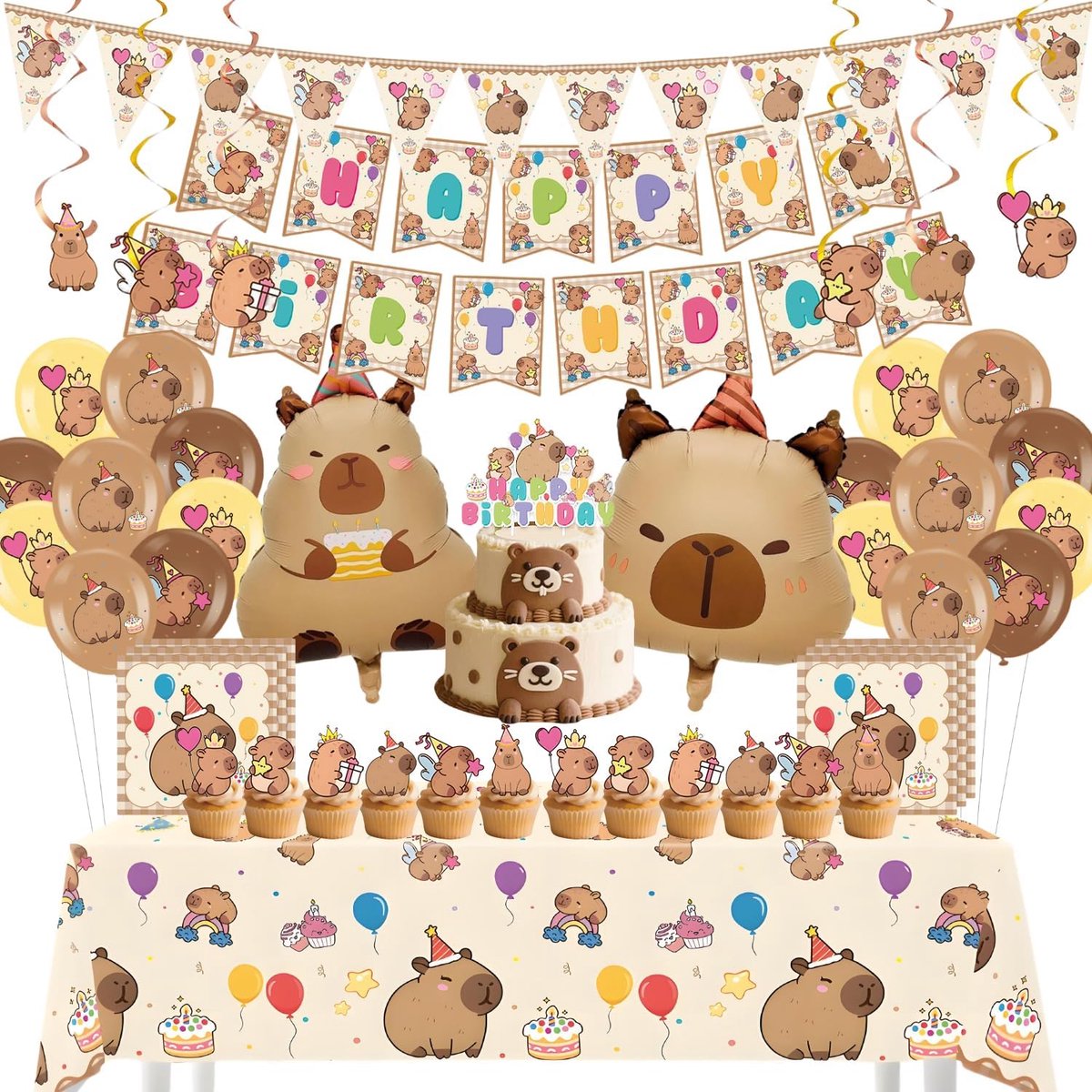 99e verjaardagsdecoratieset met Capybara | Kapibara Verjaardagsballonnen, wegwerptafelkleed, rol, wimpelslinger, feest en andere Happy Birthday-decoratie