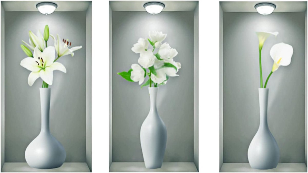 milaosk 3 stuks 3D-muurstickers, vaas, woonkamer, wit, vazen, wandtattoo, doe-het-zelf, 3D-vinyl, muurstickers, planten, bloemen, 3D-stickers, wandafbeeldingen voor wanddecoratie