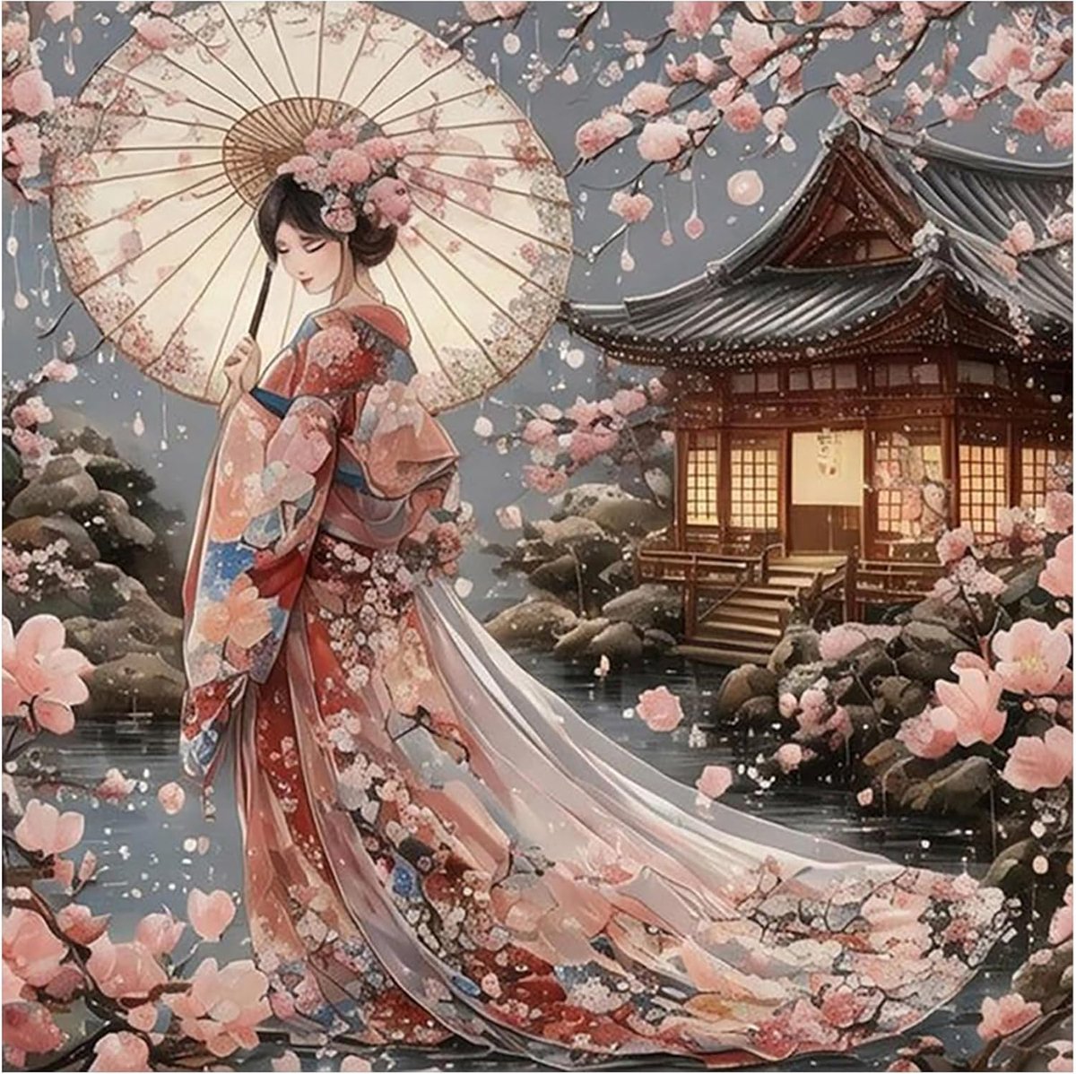 40 x 40 cm Diamantschilderij Japanse Vrouw Geisha Kersenbloesem Mozaïek Kunst Borduurwerk Kruissteek Cadeau Wanddecoratie