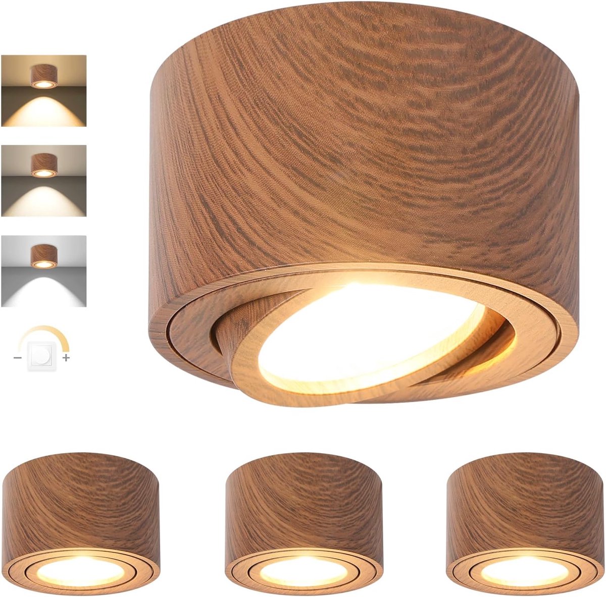 Dimbare LED-opbouwspot, draaibaar, 5 W, plafondspots, Ø 80 x 50 mm, 3000 K/4000 K/6500 K, 30 graden, badkamerspot, aluminium, rond, Legno scuro, plafondlamp, led-spot