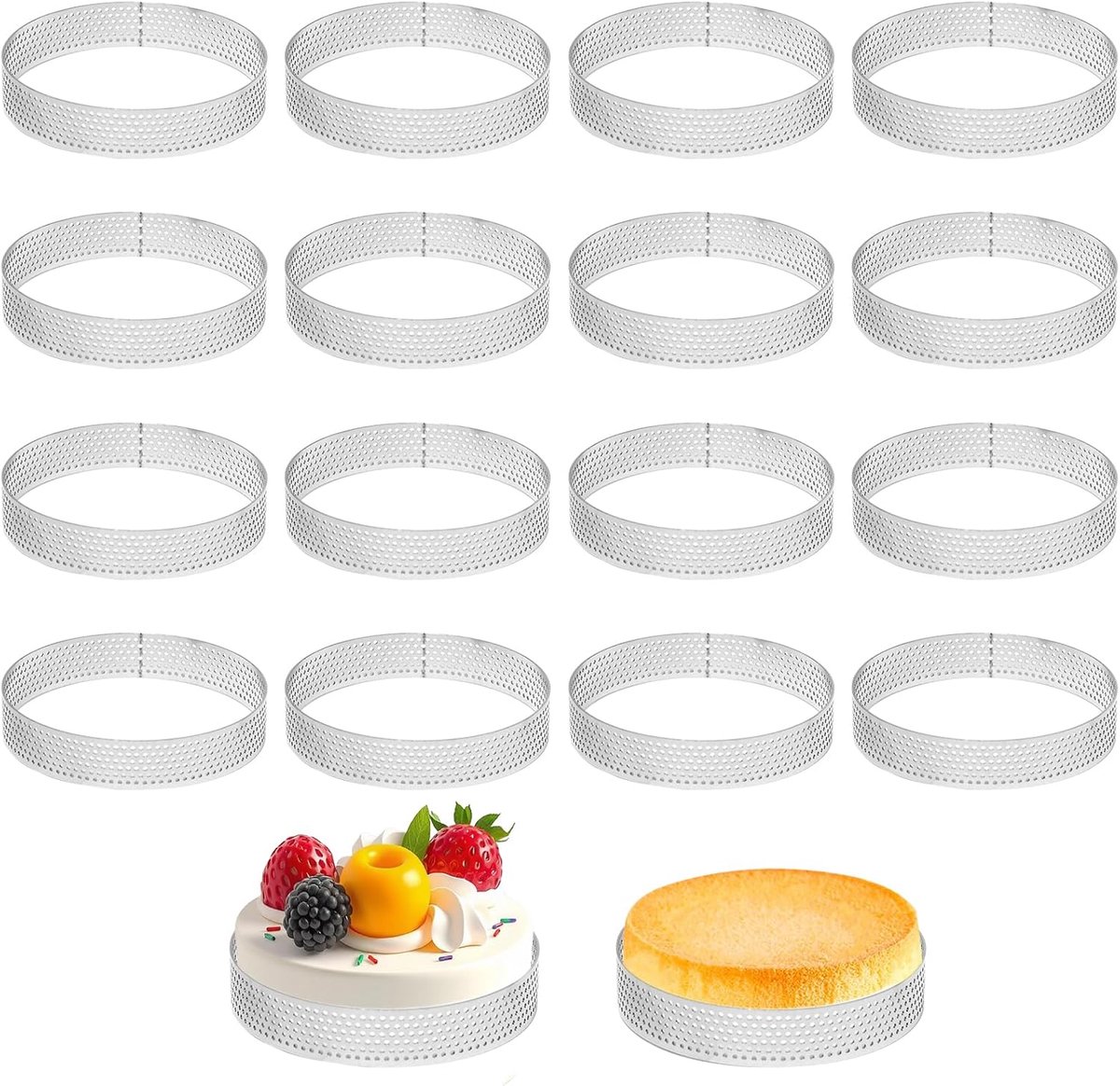 16 stuks Ø 8 cm gatencirkel voor taarten van roestvrij staal 304 ronde ringen microgeperforeerde ronde paafvorm voor taarten, gebak, mini-cake, pizza, muffin