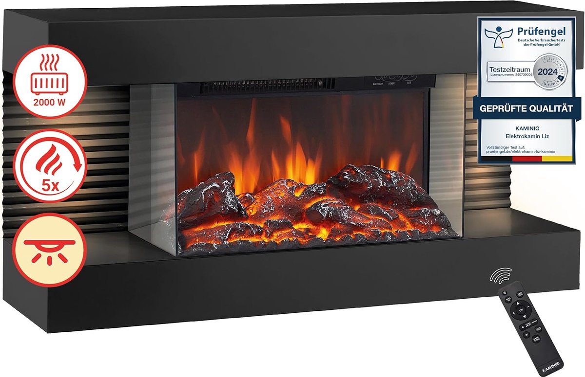 SnelShoppen - Elektrische Wandhaard met Verwarmer, 3D Vlam Effect, LED Sfeerverlichting, Afstandsbediening (Zwart)