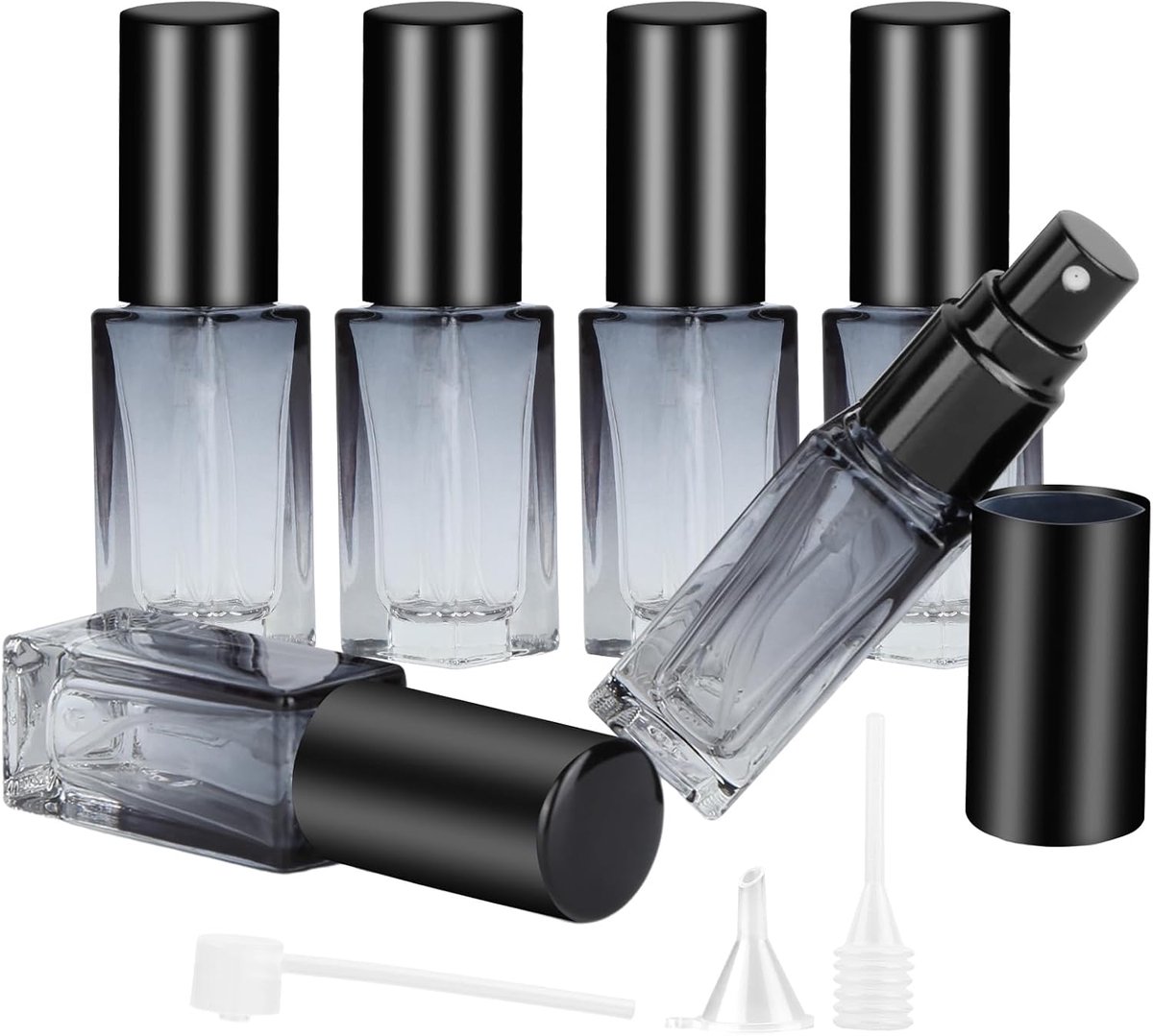 6 stuks 5 ml blauw kleurverloop parfumverstuiver, draagbare verstuiver, navulbaar, glazen parfumflesjes met trechter, druppeler, kleurverloop voor etherische oliën, parfum, apotheker, reizen