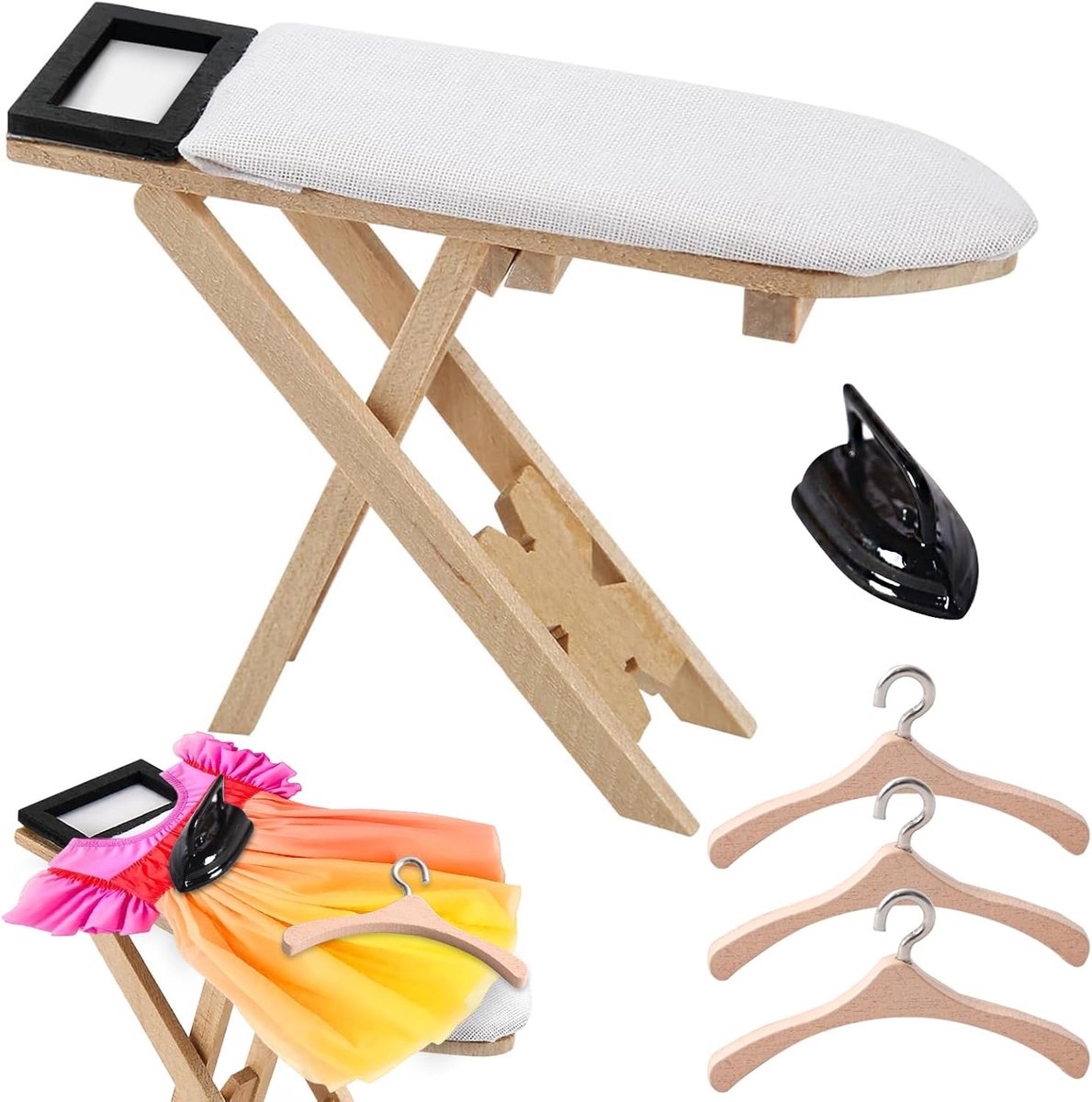 Accessoires miniatuur strijkijzer kit met miniatuur strijkplank en 3 stuks miniatuur hangers van hout poppenhuis accessoires kabouteraccessoires 1 12, kabouteraccessoires Kerstmis