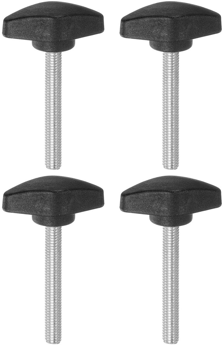 4 stuks T-vleugelknoppen, kartelschroeven, M6 x 50 mm, standaard buitendraad, kunststof T-knoppen, handgrepen, handklemknoppen, greepkartelschroef, zwart