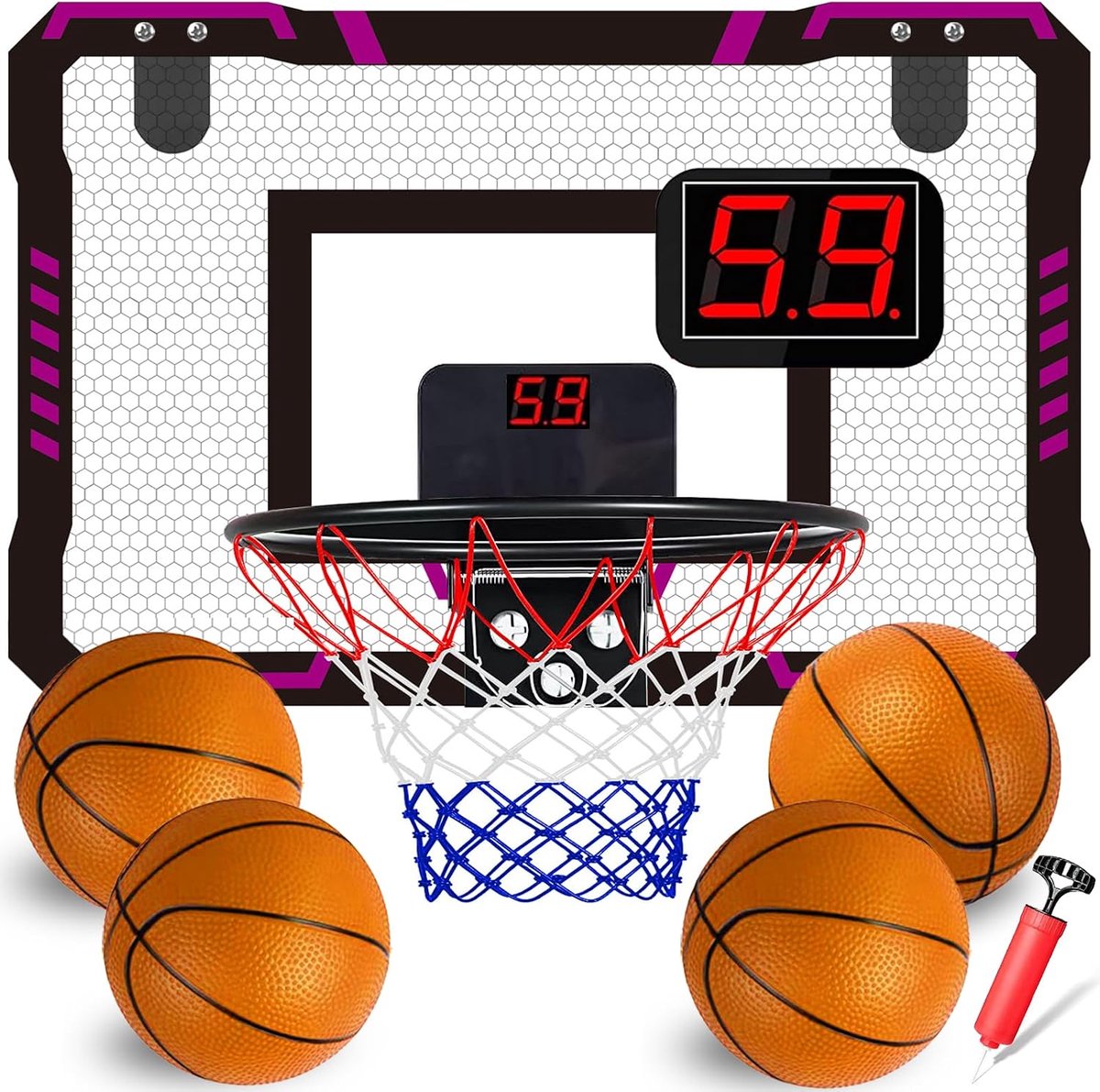 Mini-basketbalmand voor kinderen, basketbalmand, binnen, met elektronische scorer en 4 ballen voor deur/slaapkamer/kantoor/muur, outdoor, basketbal, speelgoed, cadeau, spelletjes 5, 6, 7, 8, 9,