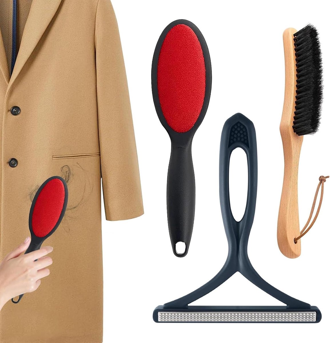 3 stuks pluisborstel kleding, herbruikbare kledingborstel, met kledingborstel en beukenhouten borstel en dubbelzijdige siliconen kopdesign, pluisborstel voor pluisjes en haren op kleding en meubels