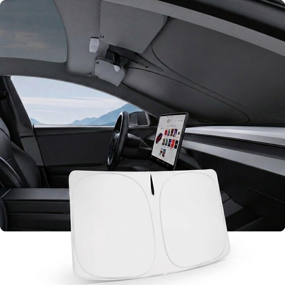 Zonnescherm voor 2019-2026 Tesla Model Y Model 3 Voorruitzonnescherm Opvouwbaar zonnescherm voor de voorruit Dubbele laag Lichtwerend Opvouwbaar zonnescherm met opbergtas Tesla-accessoires