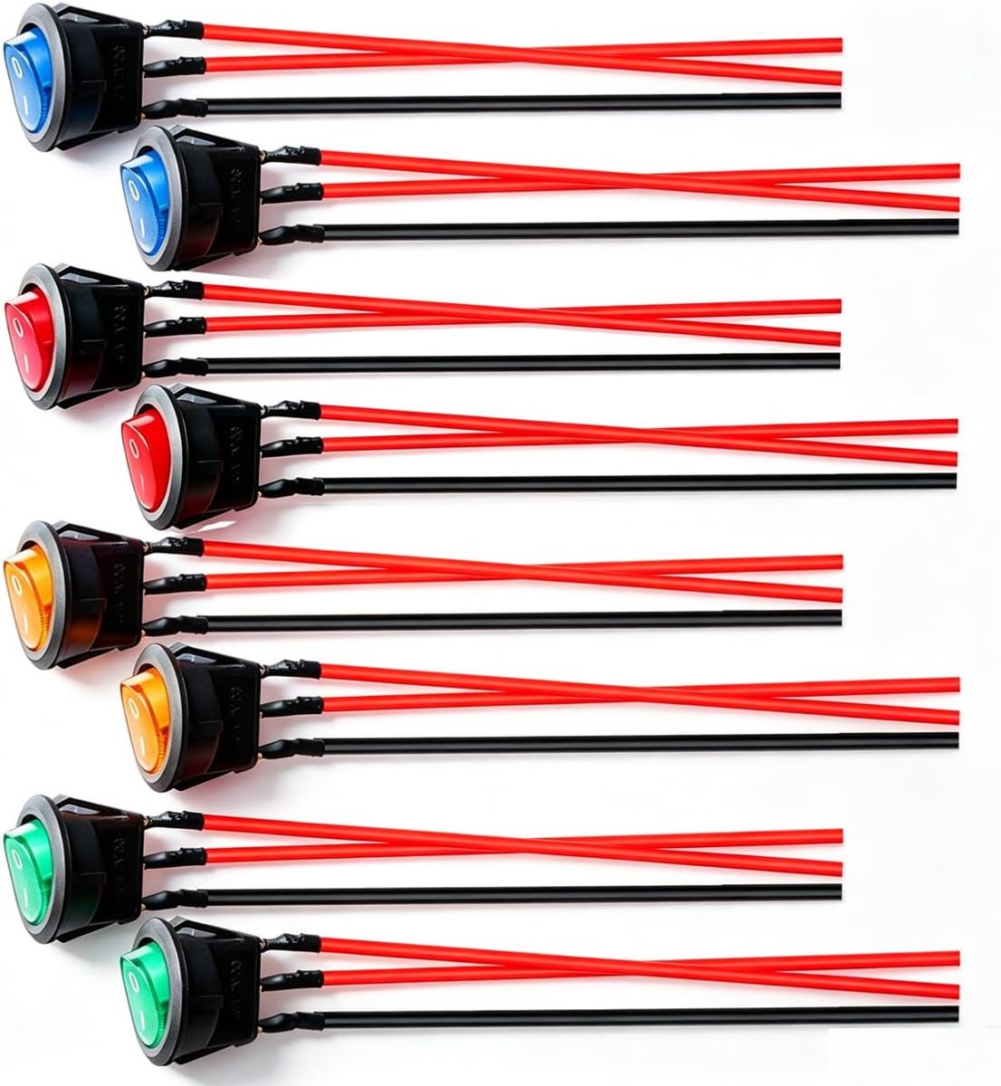 8 stuks 12V-24V/10A Voorbekabelde Ronde Tuimelschakelaar met LED Indicator, SPST Auto Vrachtwagen Tuimelschakelaar Aan-Uitbediening (Rood/Geel/Blauw/Groen, elk 2 stuks)