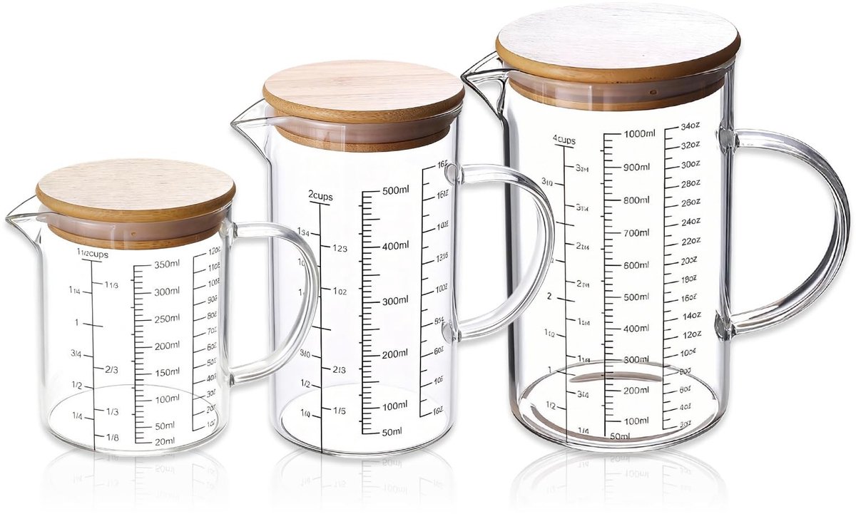 Omgoods - Set van 3 Glassen Maatbekers met Handvat en V-vormige Gietopening