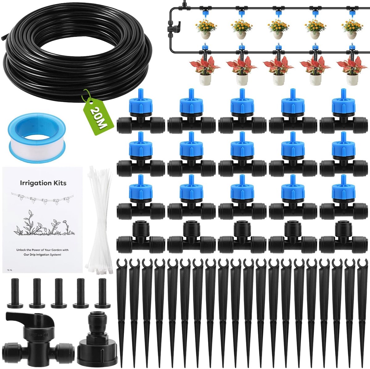Omgoods - 20 m Irrigatiesysteem Set voor Tuin, 60 Onderdelen