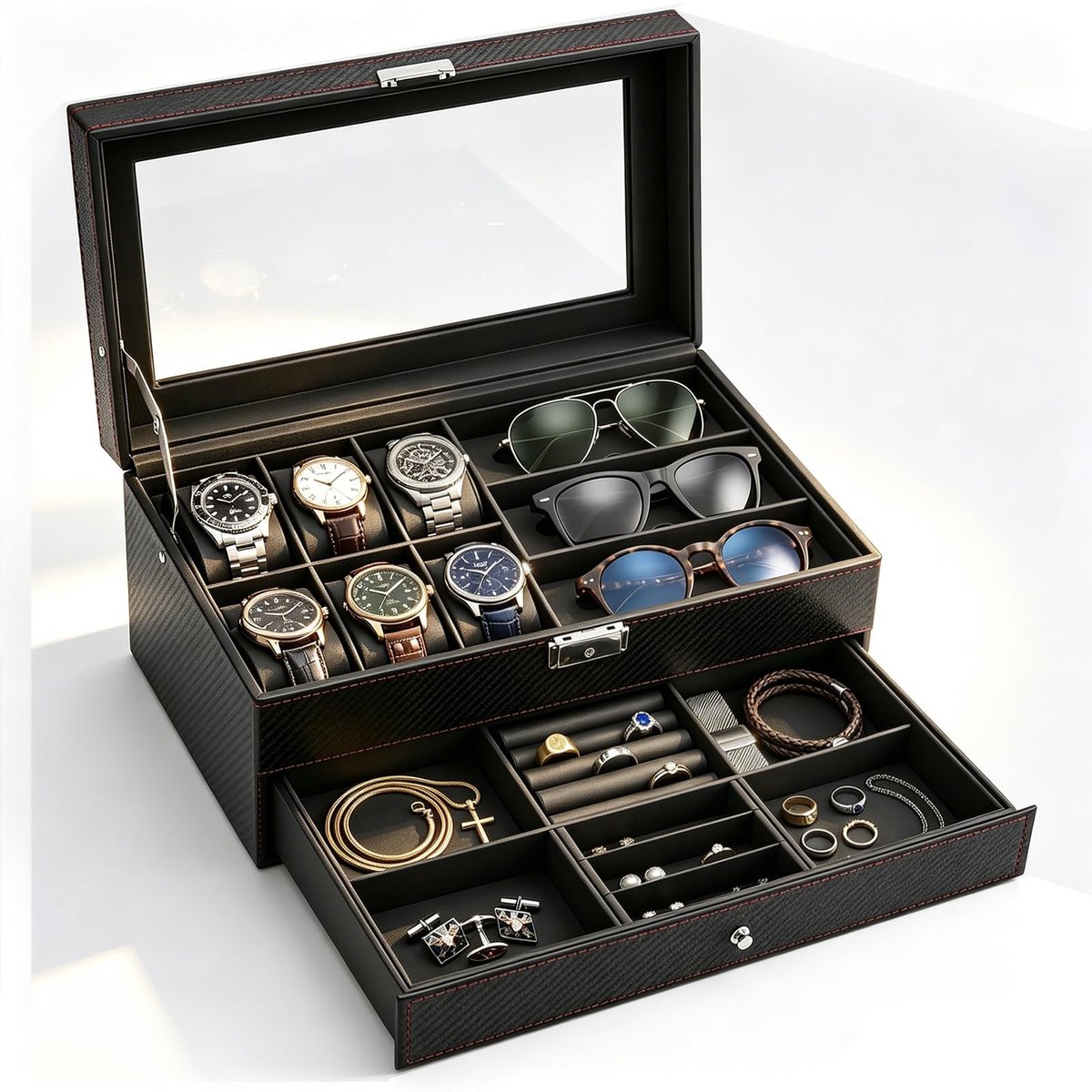Omgoods - PU Leren Horloge Box met 6 Compartimenten en Zonnebril Opbergvak