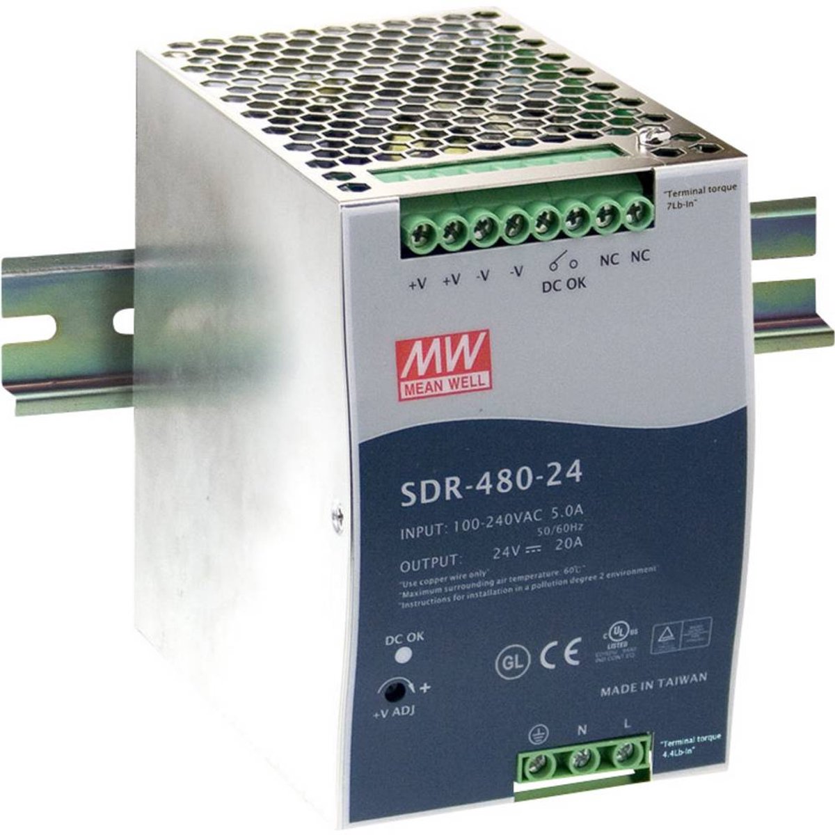 Image of MEAN WELL SDR-480-48 DIN-rail netvoeding 48 V/DC 10 A 480 W Aantal uitgangen:1 x Inhoud 1 stuk(s)