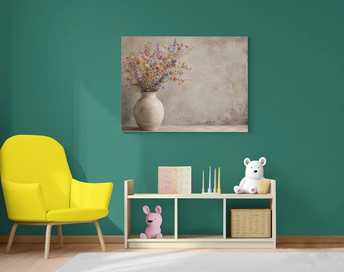 Canvas Schilderij Bloemen - Landelijke Bloemenvaas - 100 x 75 cm