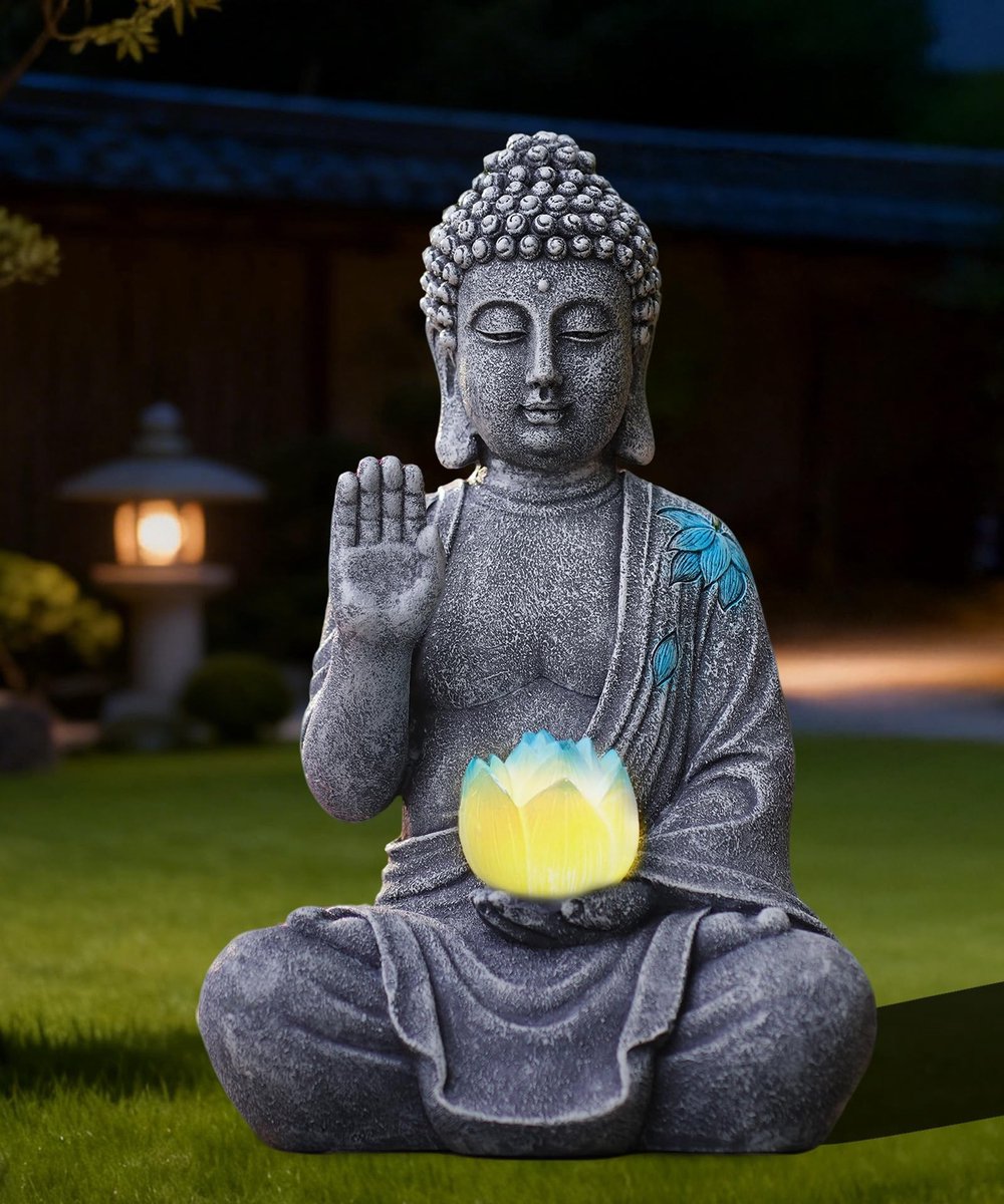 Omgoods - Boeddha Beeld met Zonne-LED voor Tuin Decoratie