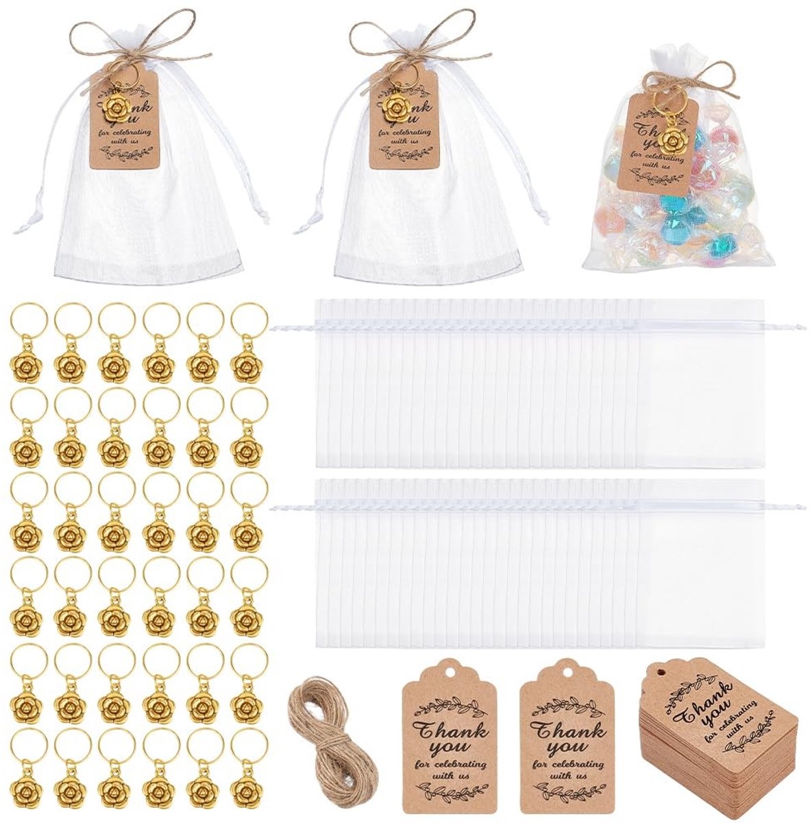 Omgoods - Sleutelhangers met Bedankkaartjes en Organza Tassen voor Bruiloften