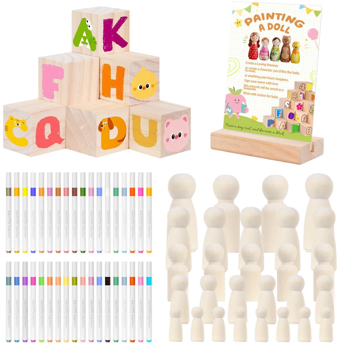 Omgoods - Baby Shower Spelset met Houten Poppen en 36 Acryl Stiften