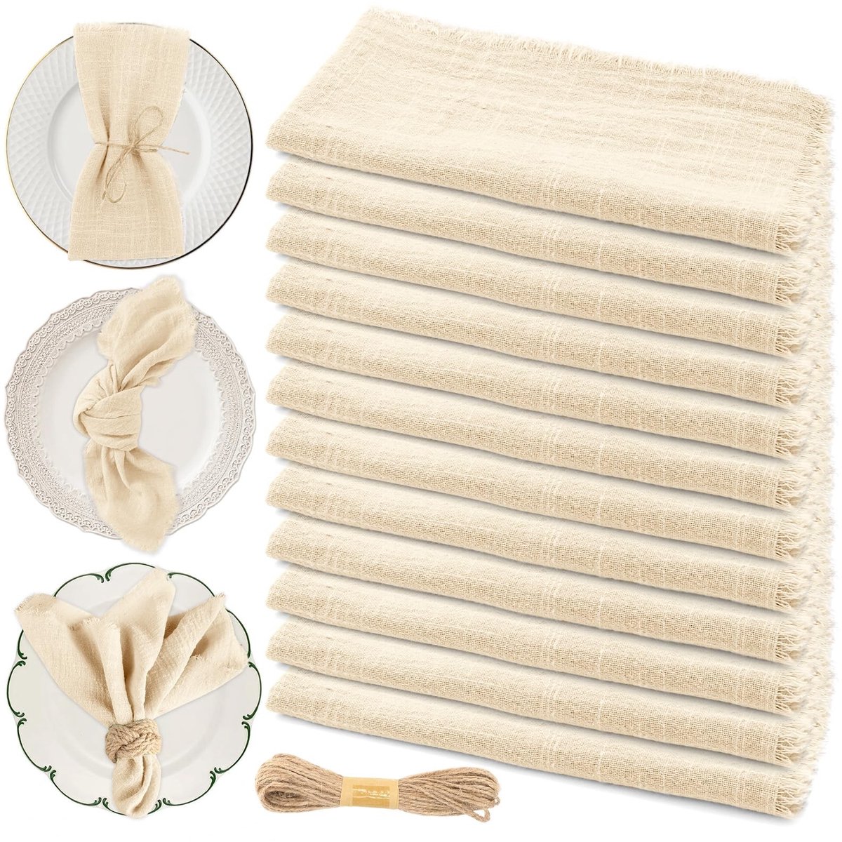 Omgoods - Set van 12 Beige Katoenen Servetten met Fringes voor Feesten