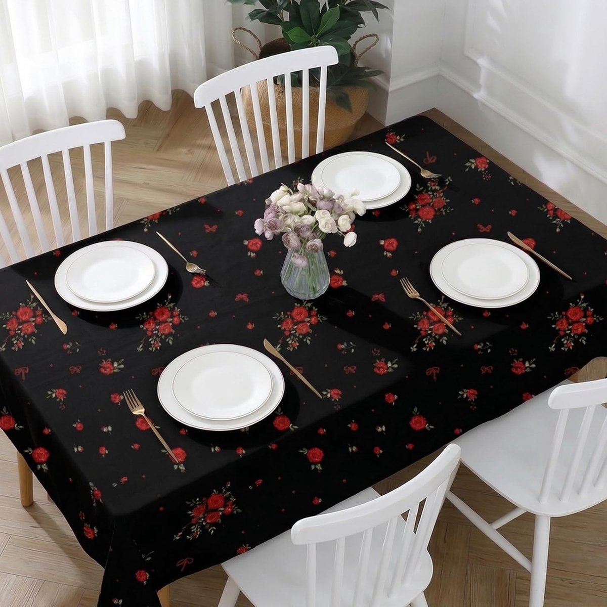 SnelShoppen - 2 stuks zwarte bloemen tafelkleed set, 137 x 274 cm rechthoekige tafelkleden met bloemenpatroon voor bruiloften, feestdecoratie en Valen
