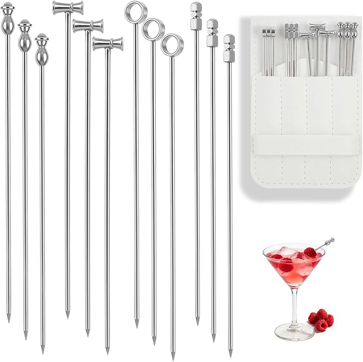 SnelShoppen - 12 Stuks Herbruikbare RVS Cocktailprikkers met Opbergtas, Roestvrijstalen Martini Picks voor Dranken, Snacks en Olijven - Perfect voor F