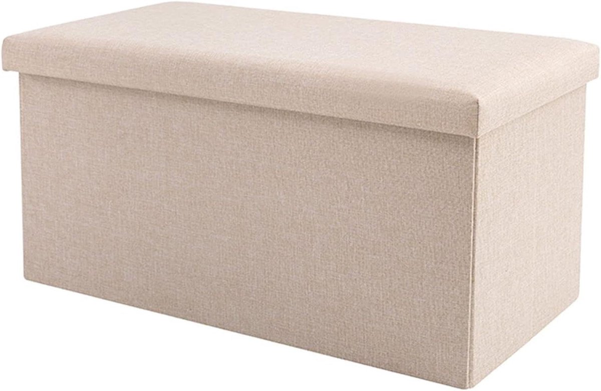 Opbergkruk Linnen - Voetenbank Poef - Extra Zitplaats - Met Deksel - 31x31x31cm - Khaki