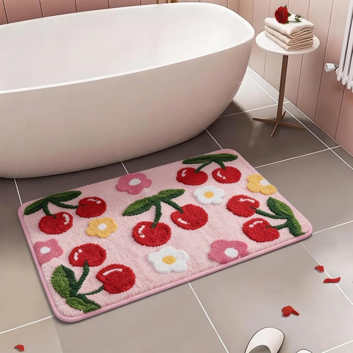 SnelShoppen - Roze Badkamer Tapijt Kers Badmat Antislip Wasbaar Badkleed Kleurrijk Badmatje Zacht Microvezel Douchemat Absorberend 40x60cm