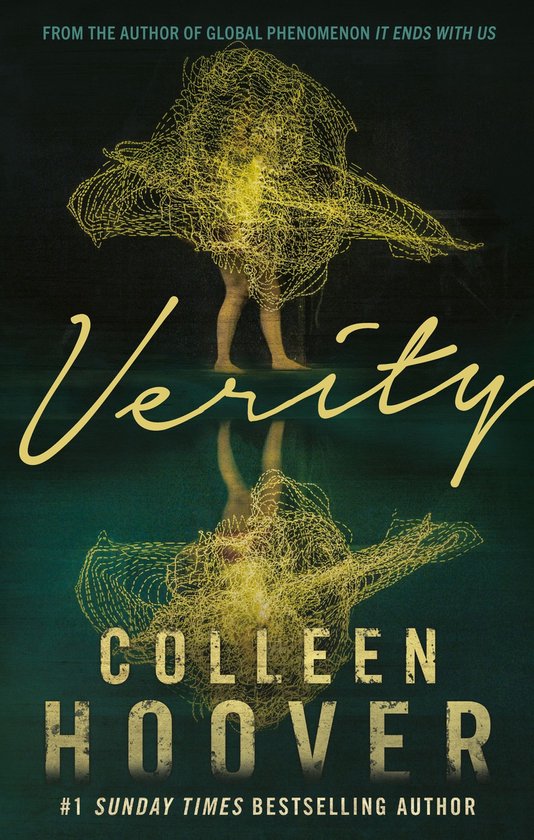 Boekomslag van Verity van Colleen Hoover, met een vrouw omhuld door lichtdraden en haar reflectie.