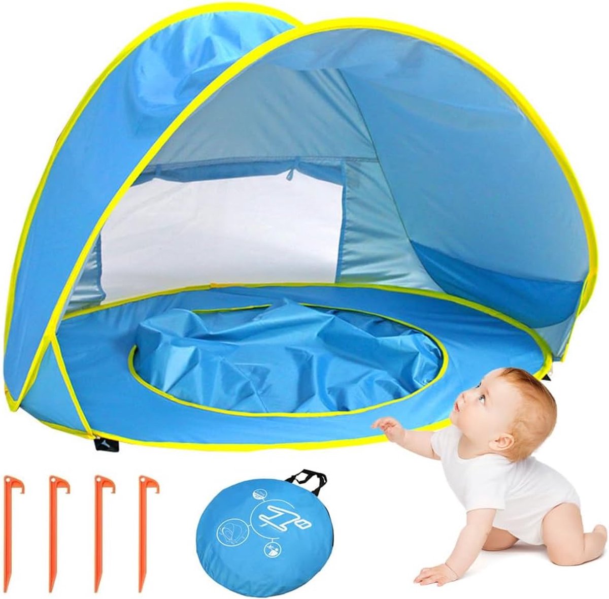 SnelShoppen - Pop Up Baby Strandtent met Mini Deelbare Zwembad, Draagbare Baby Strandtent met UV Bescherming, Zonbescherming voor Peuters Kinderen Bab