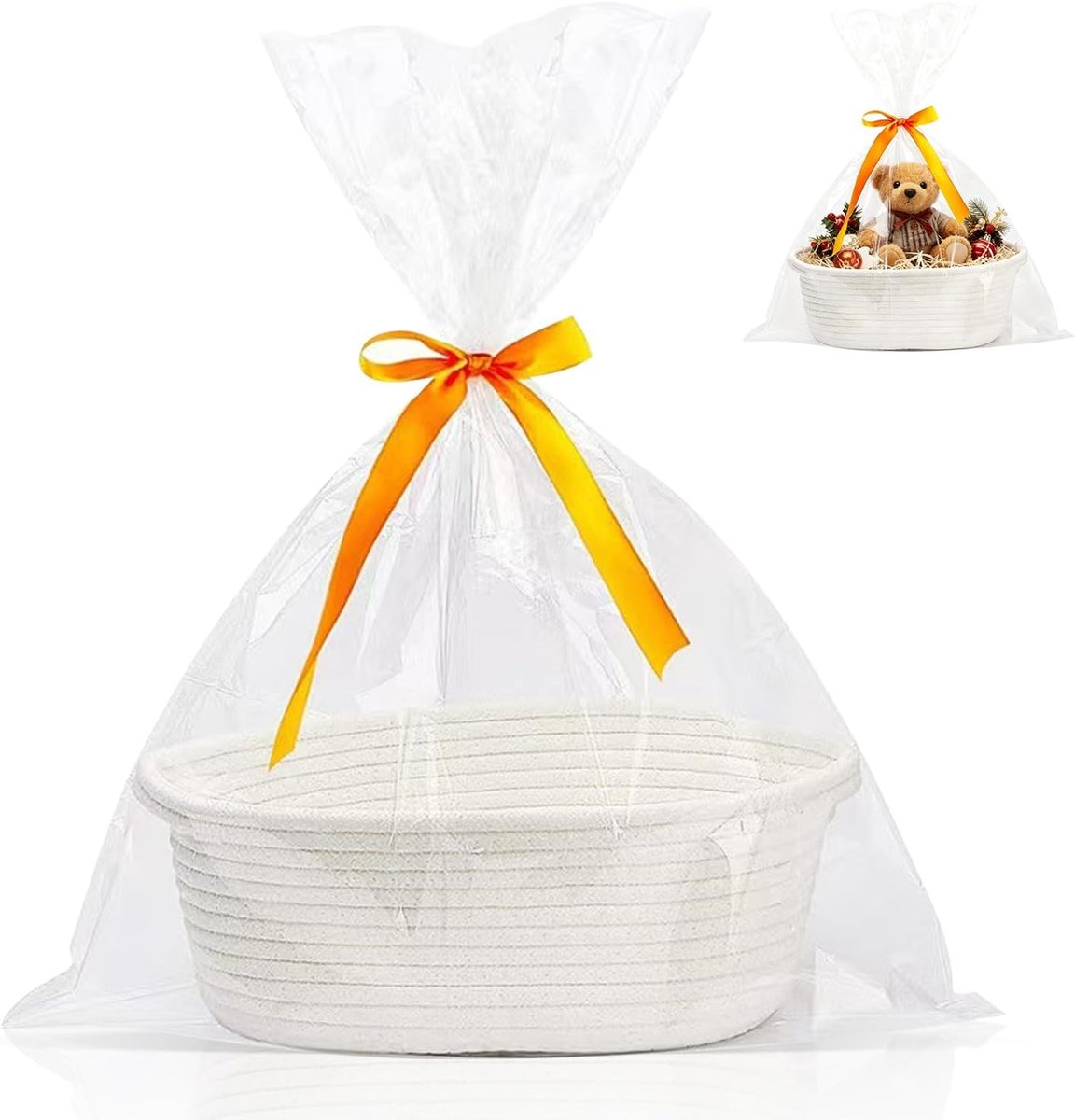 SnelShoppen - Lege geschenkmand, opbergmand, gevlochten mand voor geschenken met cadeauzakjes en linten, wit, perfect voor babyshower, verjaardag, bru