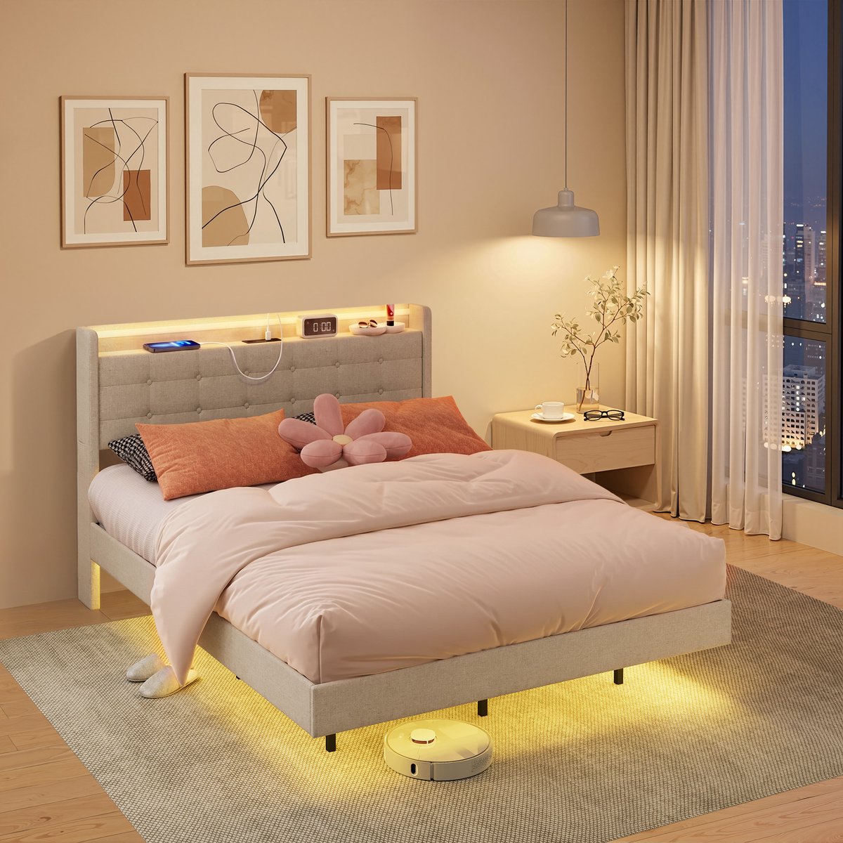 Xbro Gestoffeerd Bed 140 x 200 cm met LED-verlichting en USB,Tweepersoonsbed met Lattenbodem,Hoofdbord en Opberghoofdbord,Beige