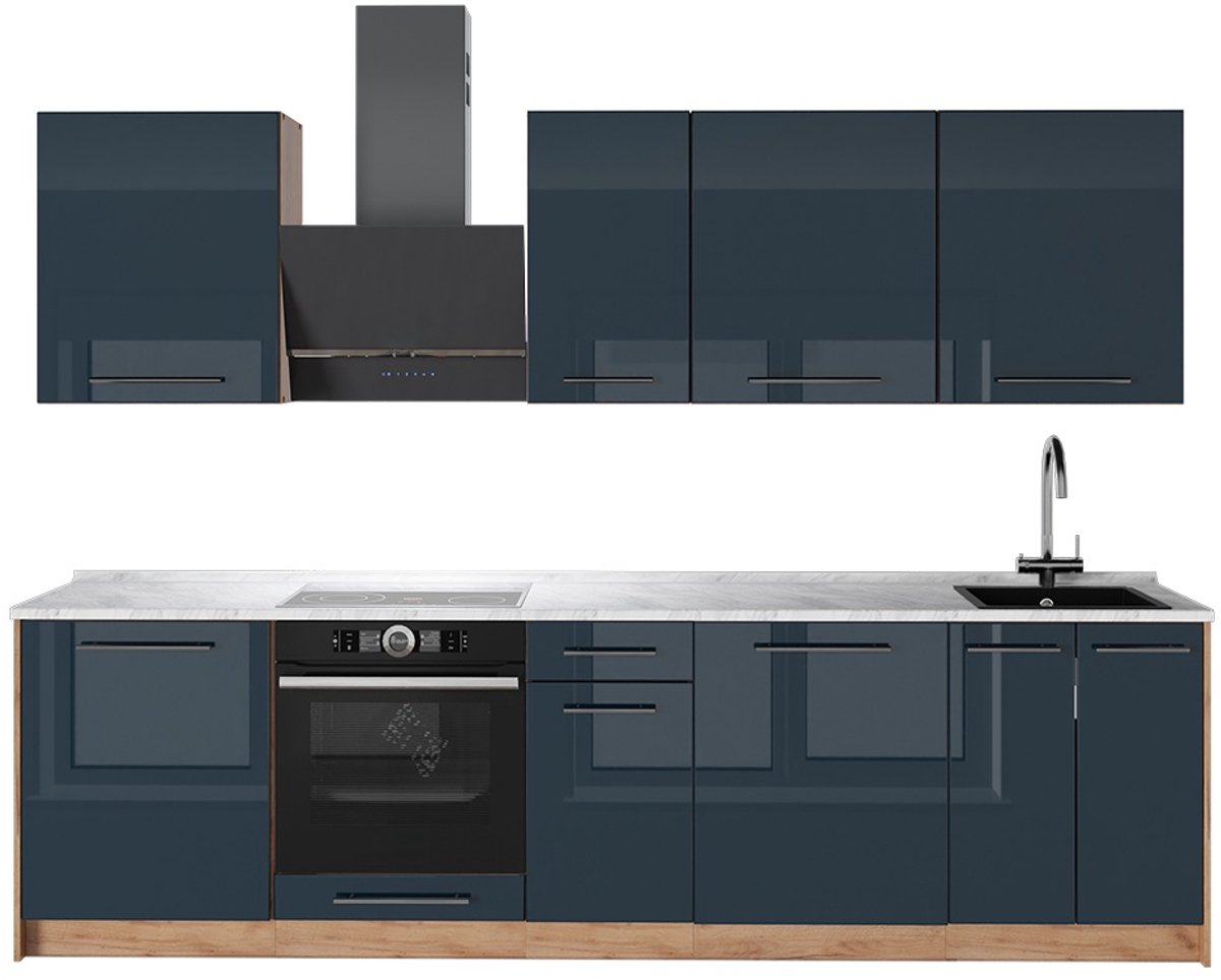Vicco Complete keukeneenheid Fame-Line, Donkerblauw hoogglans/Goudkleurig Eiken, 280 cm, WB Marmer