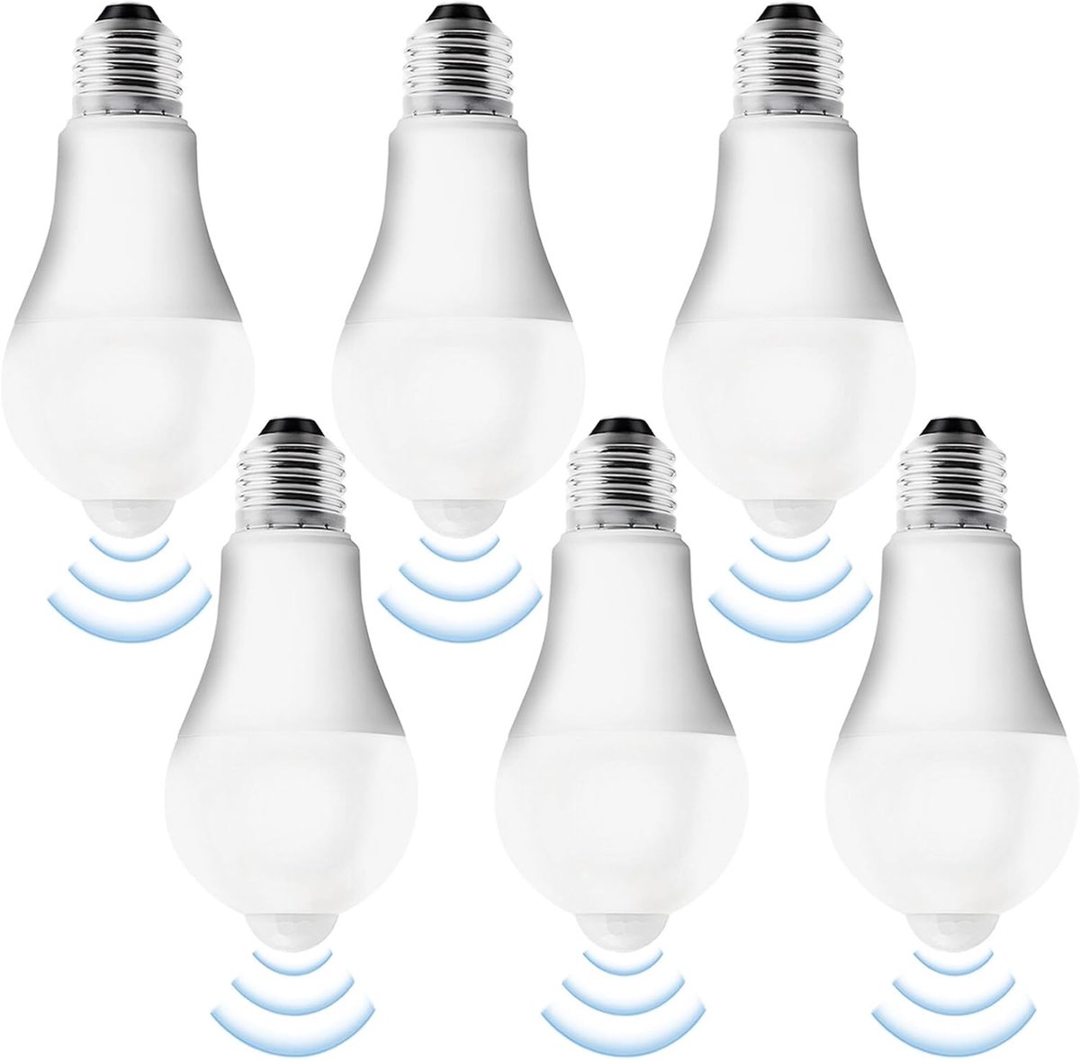SnelShoppen - 6 stuks E27 led-gloeilamp met bewegingsmelder, 12 W, koud wit, 6500 K, PIR-bewegingssensor, lichtsensor, spaarlamp voor hal, garage, tra